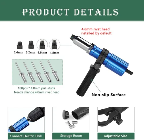 Vista 11 de Kit de adaptador de pistola de remache, herramienta de cabeza de pistola de remache para taladro inalámbrico, con 4 cabezas de remache/mango