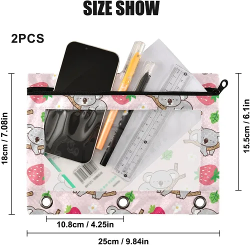 Vista 3 de Estuche para lápices para carpetas de 3 anillos con cremallera, se adapta a carpetas estándar, estuche de lápices de koala de fresa para oficina