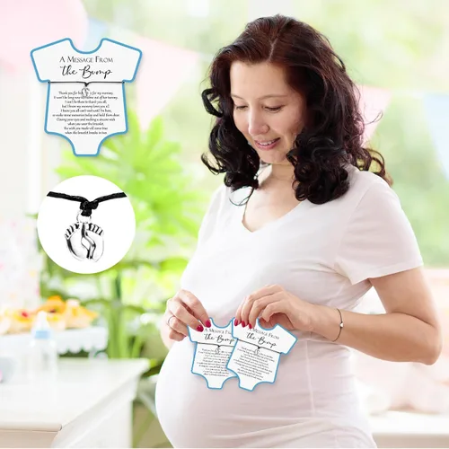 Vista 6 de Henoyso Juego de 25 pulseras de baby shower para invitados, niños y niñas, regalos de fiesta con mensaje ajustable de The Bump Card, pulseras de Azul