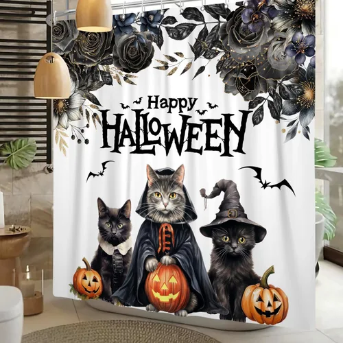 Vista 17 de Cortina de ducha divertida de Halloween, espeluznante y bonita, fantasma, calabazas, murciélagos, cortina de baño para niños, decoración