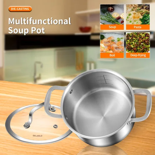 Vista 5 de DELARLO Olla de acero inoxidable de tres capas con tapa de 3.5 cuartos de galón, olla de cocina de grado alimenticio, olla de sopa duradera con tapa