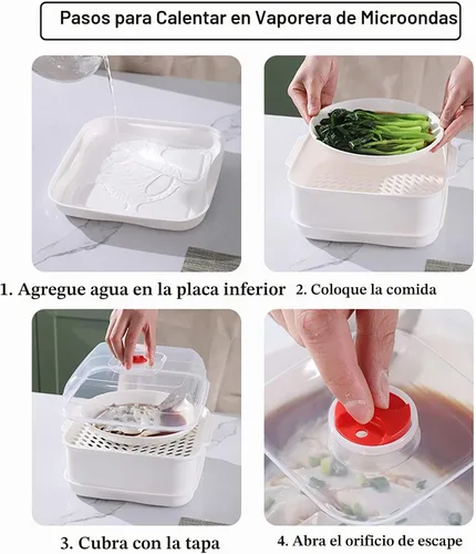 Vista 6 de Vaporera de microondas con tapa y bandeja, vaporera de verduras para tazón de microondas, utensilios de cocina aptos para microondas (2 niveles)
