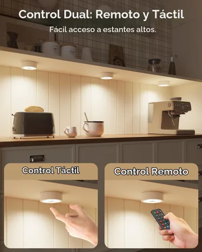 Vista 4 de Luces LED recargables de disco con control remoto, luces de botón con pilas de 2400mAh, luces adhesivas magnéticas para tocar, luz inalámbrica