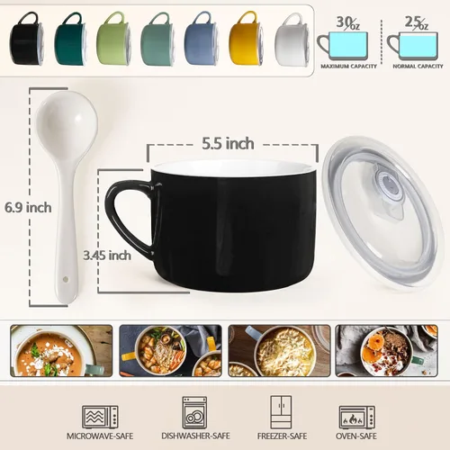 Vista 2 de Tazones de sopa con asas y cucharas, cuenco de cerámica para ramen de 30 onzas con tapa, tazas grandes para fideos instantáneos, cuencos grandes