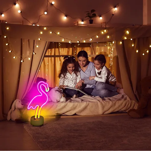 Vista 4 de UrsaMajor Luz de neón de flamenco, paquete de 2 letreros de neón LED de flamencos rosados para decoración de habitación de niñas, funciona