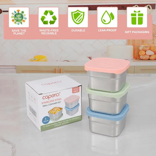 Vista 7 de Caperci Paquete de 3 Recipientes de Acero Inoxidable para Aperitivos con Tapas de Silicona - Recipientes Pequeños para Alimentos de 8 onzas a Prueba