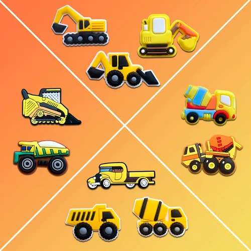 Vista 4 de 25 dijes de cocodrilo para automóviles y camiones para decoración de zapatos de zueco, excavadora, mezclador, camión, accesorios para recuerdo