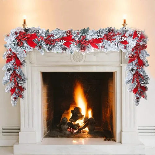 Vista 4 de Guirnalda de Navidad artificial de 3.93 pies, corona de Navidad con cinta roja, ramo de bayas, bolas de Navidad y piñas, guirnalda de Navidad