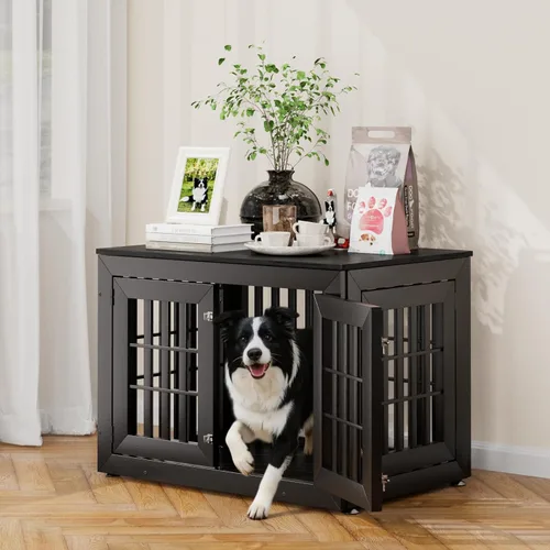 Vista 11 de Snuowu Mueble de jaula de perro resistente de 26 pulgadas para perros pequeños, medianos y grandes, jaula rústica de madera para perros, muebles