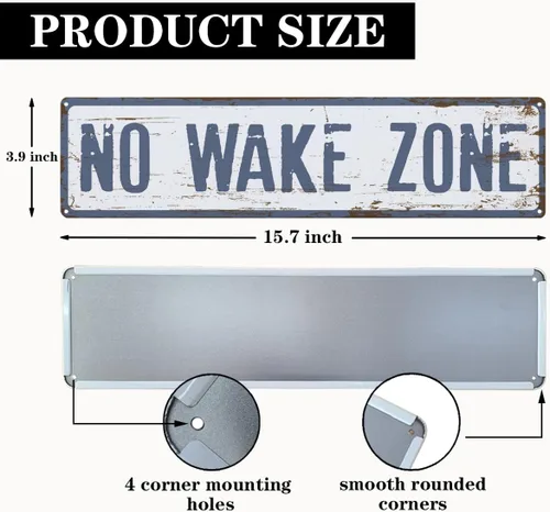 Vista 2 de Letrero de advertencia de metal con texto en inglés "No Wake Zone", letrero de advertencia de metal retro, decoración de pared de Lake House
