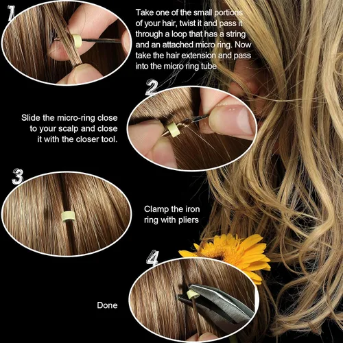 Vista 3 de Chuangdi Kit de herramientas de extensión de cabello: 600 cuentas de micro anillo forradas de silicona, 1 alicates, 1 peine, 2 ganchos, aguja