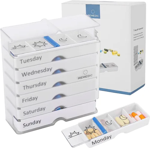 Vista 10 de Remedic Dispensador diario de píldoras, libre de BPA, grandes compartimentos transparentes, estuche organizador de medicamentos de viaje