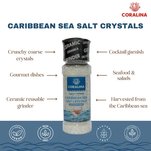 Vista 4 de Coralina Cristales de sal marina del Caribe con molinillo - Grueso y crujiente - Evaporado solar - Mejora el ensalado, carnes, mariscos y cócteles