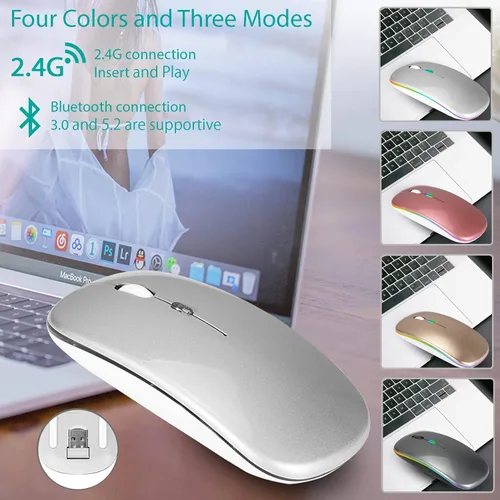 Vista 5 de Q&F Tech Ratón/mouse inalámbrico recargable Bluetooth, LED delgado, dos modos (2.4G + BT5.4) Botones silenciosos/silenciosos con 3 DPI ajustables