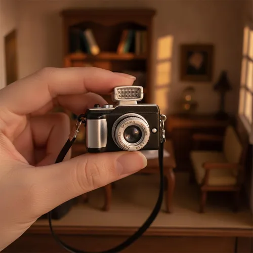 Vista 7 de Mini cámara negra para muñecas, cámara digital réflex digital en miniatura, estilo vintage, plástico, escala 1:12, tema retro, accesorio para casa
