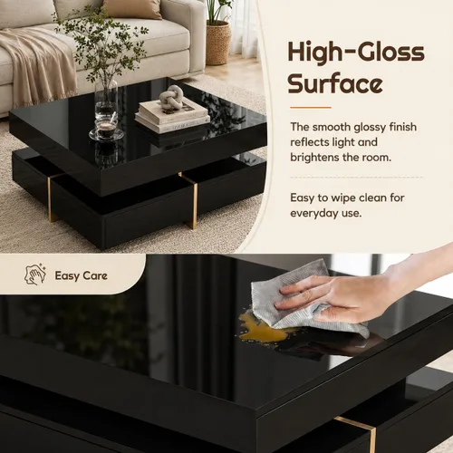 Vista 5 de Mesa de centro moderna con almacenamiento, mesa de centro cuadrada contemporánea con cajones, mesa central moderna de alto brillo para sala de Negro
