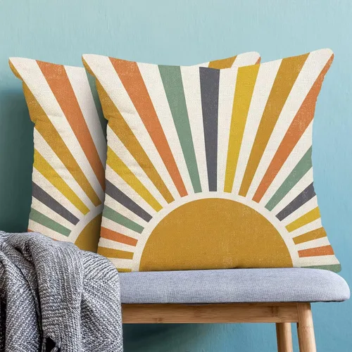 Vista 4 de AEIOAE Summer Sunshine - Juego de 2 fundas de almohada de 16 x 16 pulgadas, diseño de rayas amarillas, diseño bohemio, arco iris, sol