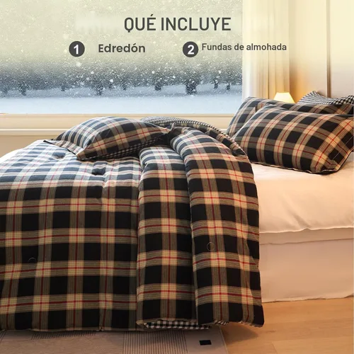 Vista 5 de Juego de edredón 100% algodón tamaño matrimonial, diseño reversible teñido de hilos a cuadros, suave algodón lavado en ambos lados, ropa de cama