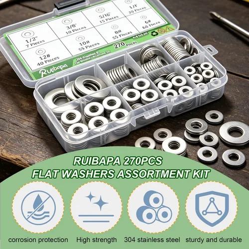 Vista 5 de Kit surtido de arandelas planas de acero inoxidable 304 de 270 piezas, 8 Plateado