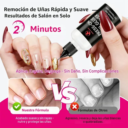 Vista 6 de Pegamento de uñas de 0.51 onzas para uñas a presión con removedor de pegamento de uñas de 0.7 onzas líquidas y herramienta, no necesita luz UV