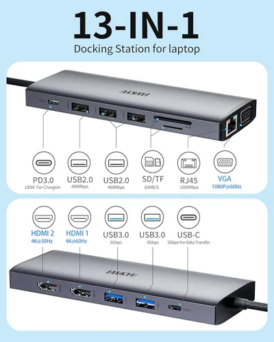 Vista 2 de Estación de acoplamiento USB C para laptop, estación de acoplamiento de monitor doble, estación de acoplamiento 13 en 1, 3 monitores con 2HDMI, VGA
