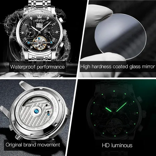 Vista 5 de OLEVS Relojes automáticos para hombre, oro de lujo, vestido de diamantes de cuerda automática, esqueleto mecánico, Tourbillon, reloj de pulsera