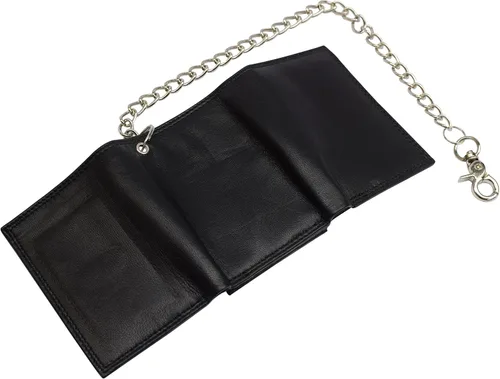 Vista 6 de Billetera triple con cadena de cuero de primera calidad con bloqueo RFID para hombre, Negro con cadena., Cartera de cadena