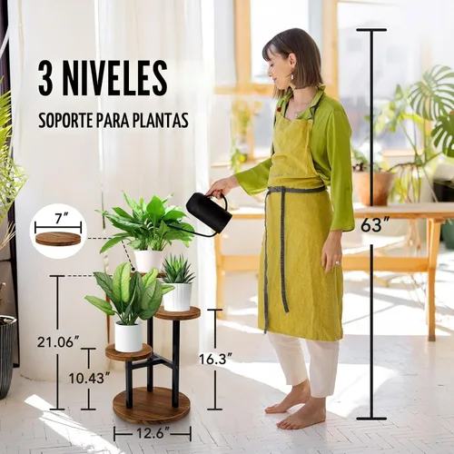 Vista 2 de AUGOSTA - Soporte para plantas de 3 niveles, estante alto de metal y madera para exhibición en interiores y exteriores, soporte para macetas