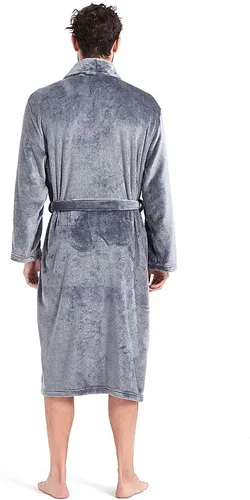 Vista 4 de HOLOVE Bata de baño con capucha de forro polar para hombre, cuello de chal, suave, cálida, de manga larga