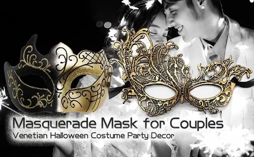 Vista 4 de IDOXE Golden Black Couples Masquerade Masks METAL Half Face Venetian Masquarade Ball Gowns