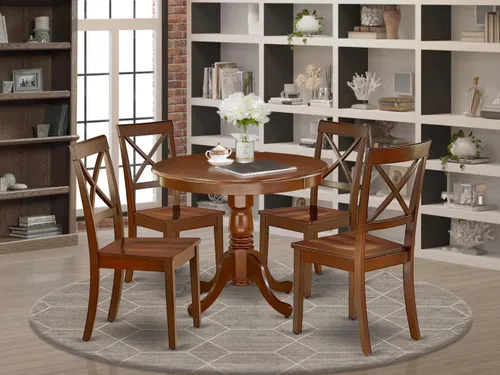 Vista 2 de East West Furniture ANBO5-MAH-W - Juego de comedor de 5 piezas para 4 personas, incluye una mesa de cocina redonda con pedestal y 4 sillas