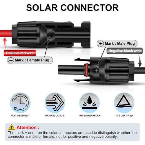 Vista 2 de iGreely - Cable de extensión solar de 10 pies y 10 AWG con conector macho y hembra de panel solar, adaptador de panel solar