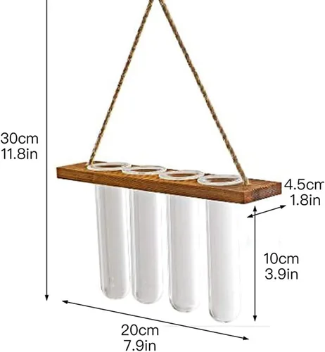 Vista 3 de Maceta colgante de pared terrario con soporte de madera, mini tubo de ensayo, floreros de flores retro colgantes de vidrio propagador para plantas