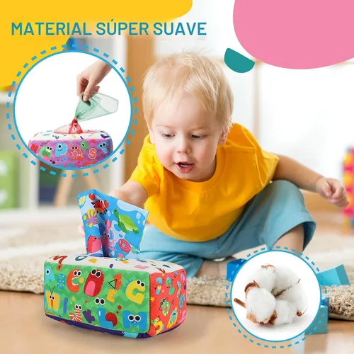 Vista 2 de URMYWO Caja de pañuelos de bebé juguete - Juguetes Montessori para bebés de 6-12 meses 1 año niño niña - Juguetes sensoriales suaves crujientes