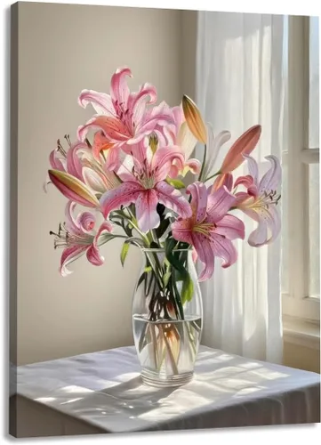 Vista 18 de Cuadro de flores para sala de estar, arte de pared floral azul y blanco sobre lienzo con detalles dorados para decoración de dormitorio gris, 32 x