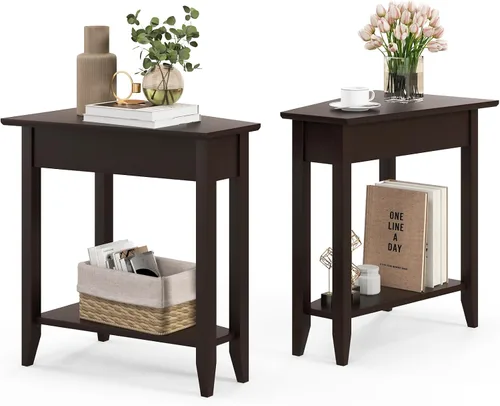 Vista 10 de GIANTEX Mesa auxiliar de cuña, mesa auxiliar triangular con estante de almacenamiento y patas de madera maciza, mesa reclinable, mesita de noche