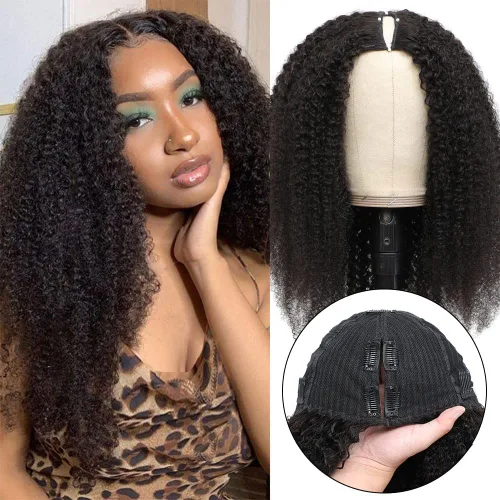 Vista 6 de Peluca de cabello humano rizado rizado con parte en V para mujeres negras, en forma de V, sin dejar fuera, sin pegamento, 14 pulgadas