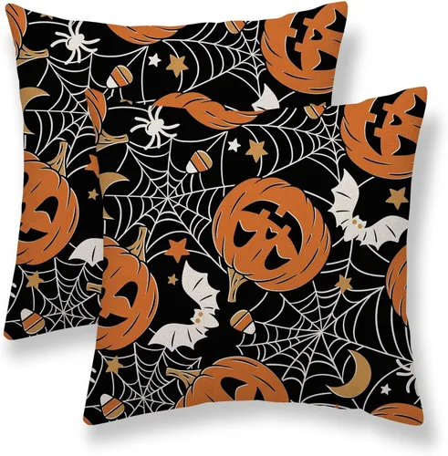 Vista 5 de Juego de 2 fundas de almohada de otoño de 16 x 16 pulgadas, con estampado de calabaza de otoño naranja quemado, fundas decorativas para cojín
