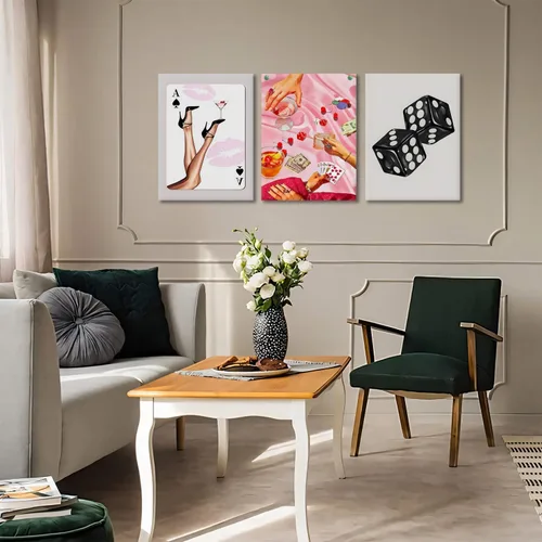 Vista 6 de Juego de 3 arte de pared de dados de póker enmarcados en blanco y negro, impresiones en lienzo estéticas retro Y2K, fotos de póster rosa de moda