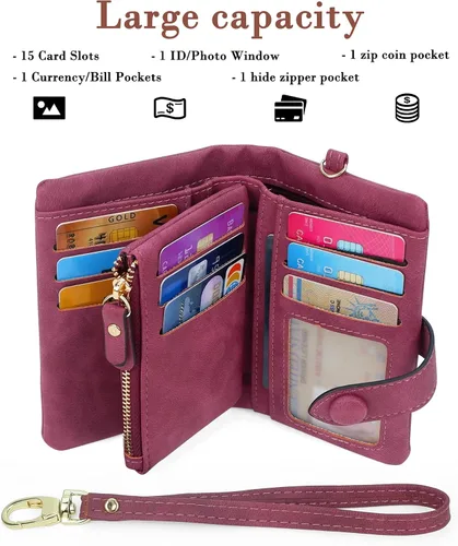 Vista 2 de CONISY Billeteras pequeñas de pulsera para mujer, billetera de cuero plegable RFID con ventana de identificación y cremallera