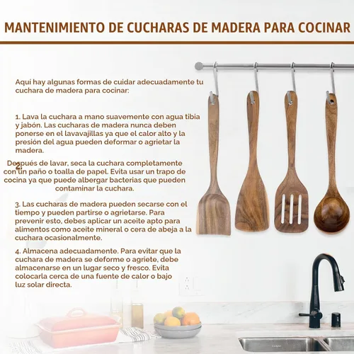 Vista 6 de Cuchara de madera de teca prémium para cocinar, juego de utensilios de cocina de madera antiadherentes de 10 piezas, cucharas de madera resistentes