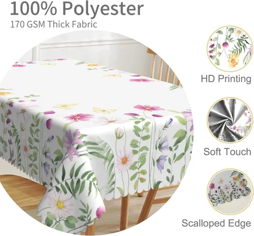 Vista 19 de Mantel rectangular floral de 52 x 70 pulgadas, color blanco y negro, estampado floral, a prueba de derrames y aceite, para cocina, comedor