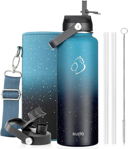 Vista 62 de BUZIO Botella de agua aislada de 24 oz, frasco de agua de boca ancha de acero inoxidable con tapa de pajita, frío durante 48 horas a prueba de Negro