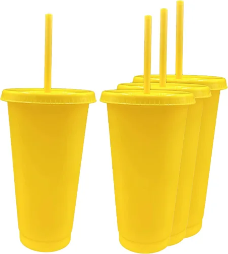 Vista 5 de Vaso frío de plástico reutilizable de 24 onzas con popote y tapa, paquete de 4 unidades (soplo)
