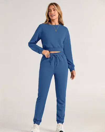 Vista 16 de BTFBM Conjunto deportivo de 2 piezas para mujer, camiseta corta de manga larga, sin botones, pantalón con cordón ajustable, pantalones deportivos