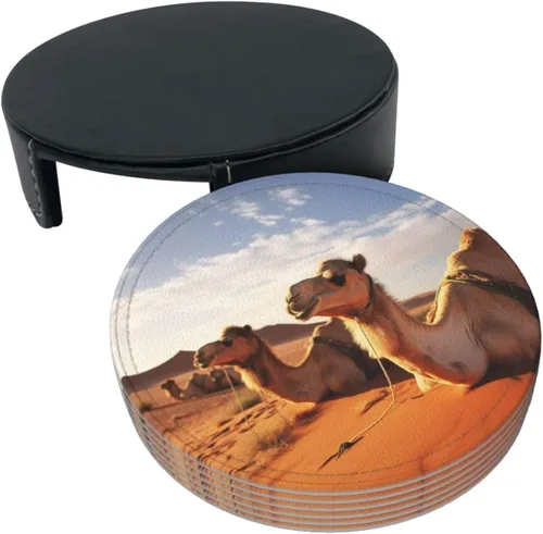 Vista 3 de Camels Rest Desert Printing Coasters for Drinks Set of 6 Leather Drink Coasters Round Cup Mat Pad Durable and Non Slip Leather Coaster for Home