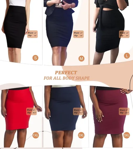 Vista 3 de Hybrid & Company Falda de tubo elástica de nailon para mujer, cintura alta, hecha en los Estados Unidos por debajo de la rodilla