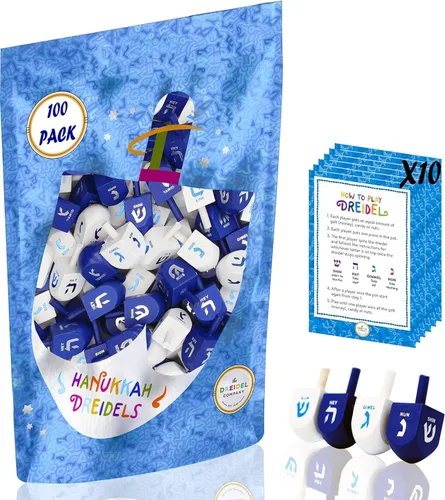 Vista 5 de The Dreidel Company Dreidels de Hanukkah de madera maciza azul y blanco, pintados a mano con transliteración en inglés, incluye tarjetas