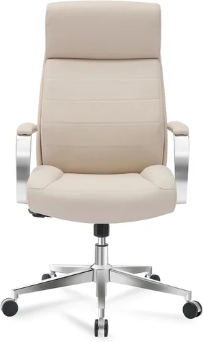 Vista 4 de Realspace Modern Comfort Modee - Silla de oficina ejecutiva de cuero vegano con respaldo alto, color arena/cromo, compatible con BIFMA