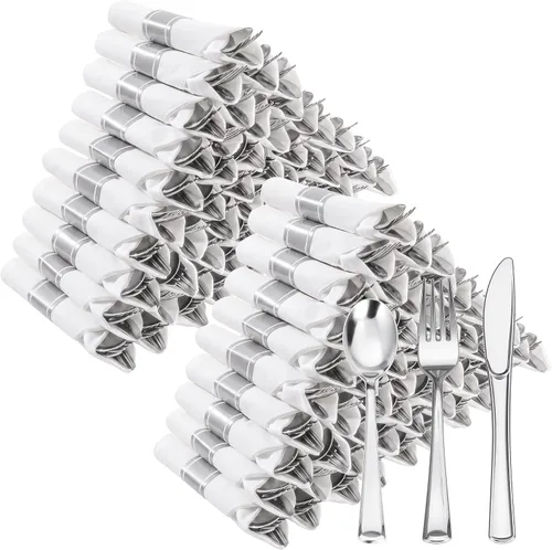 Vista 11 de Goodluck 100 Pack Pre Rolled Gold Plastic Silverware, Wrapped Cutlery